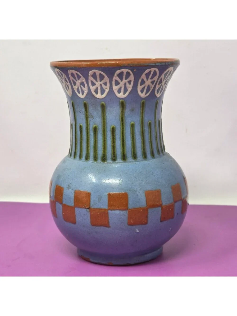 Vintage Studio Art Pottery Vase Blue Geometric Hand Thrown Signed 501